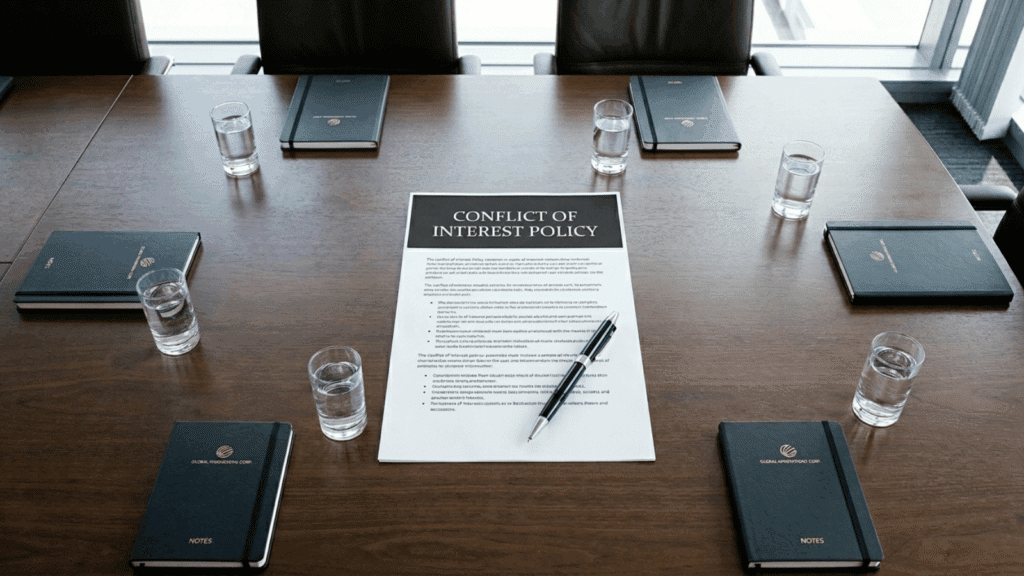 boardroom table displaying a conflict of interest policy document with notebooks, water glasses, and meeting chairs