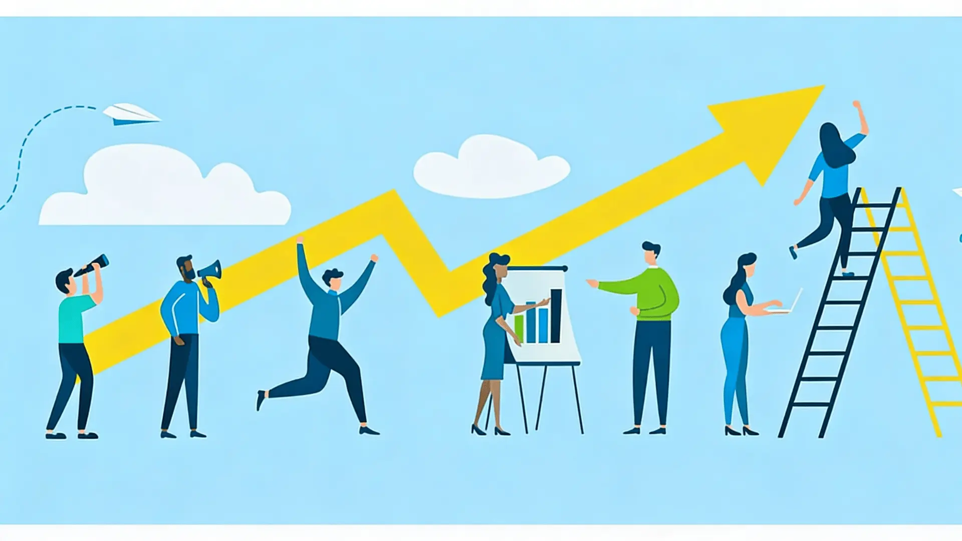 Business team working toward growth with charts, teamwork, and an upward arrow symbolizing performance and success.