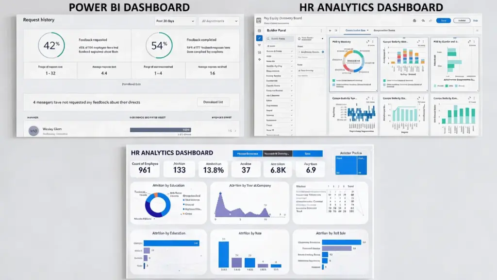 Collage of three HR analytics dashboards showing feedback request history, pay equity data, and employee attrition metrics by education, age, and job role. (1)