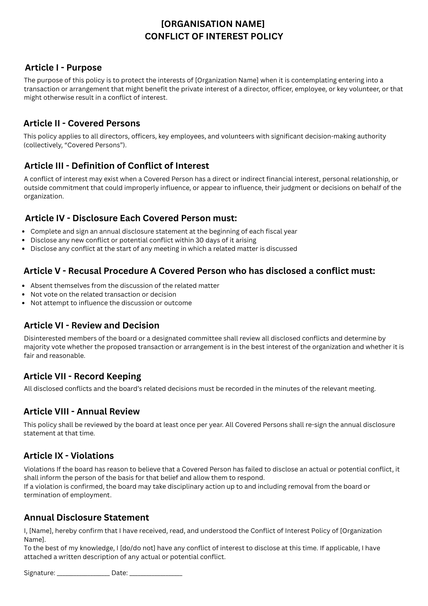 conflict of interest policy template outlining disclosure rules, recusal procedures, annual reviews, and violation policies