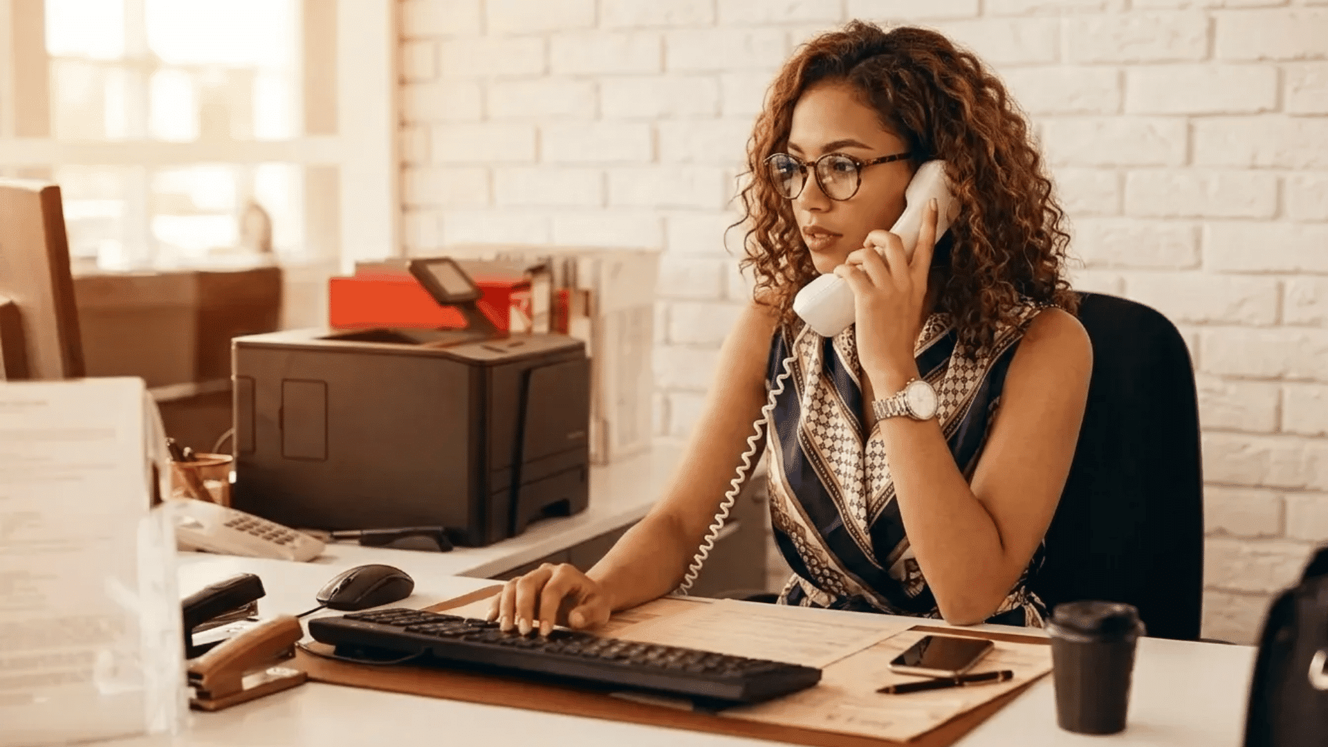 Corporate employee handling office calls and paperwork at a desk workstation.