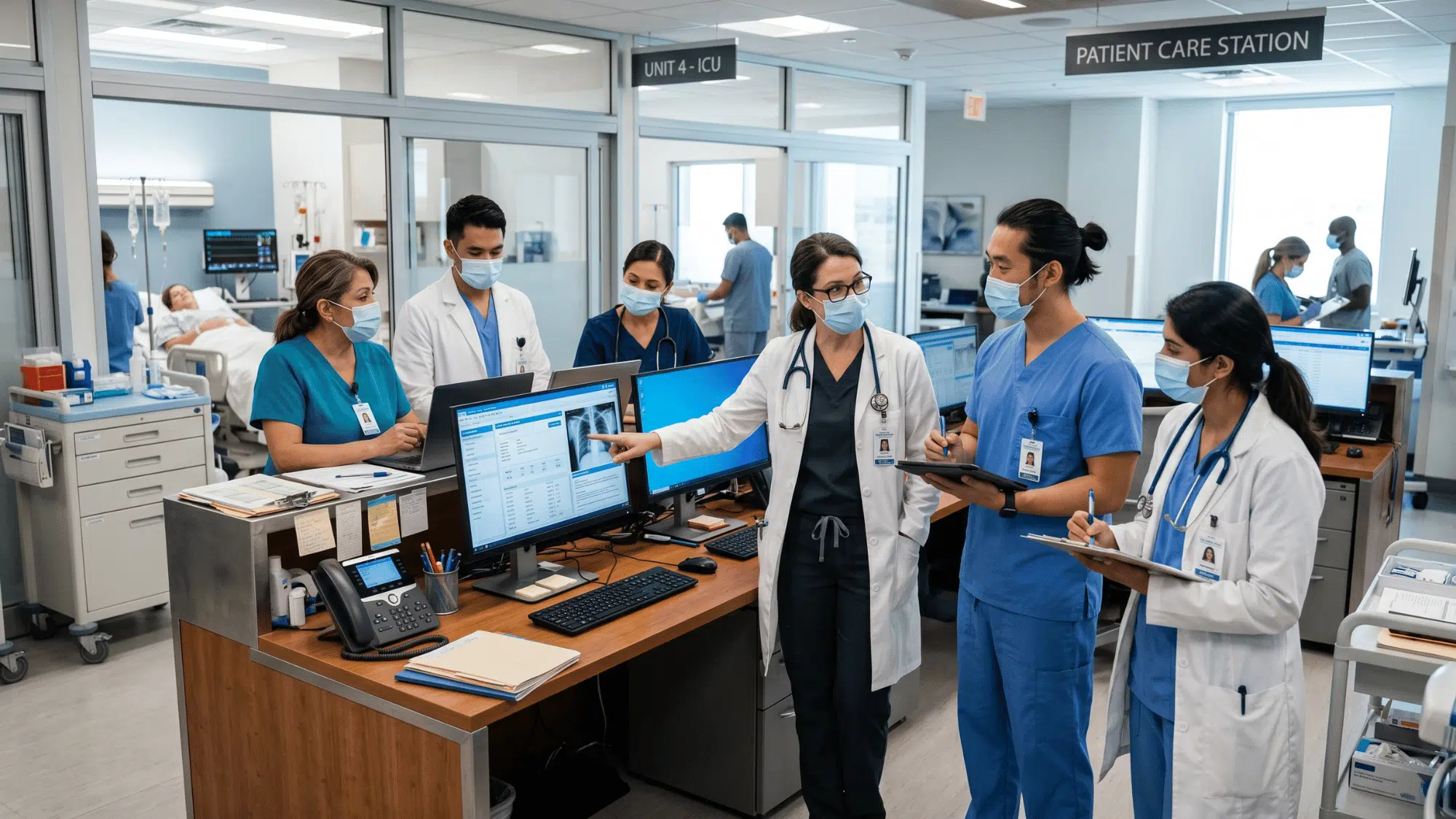 doctors, nurses, and healthcare staff collaborating around a patient care station