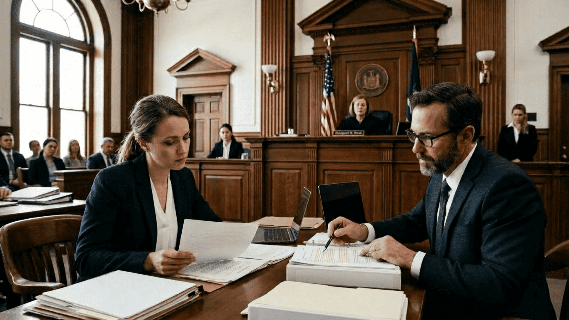 employee and lawyer reviewing workplace evidence during constructive discharge court hearing proceeding
