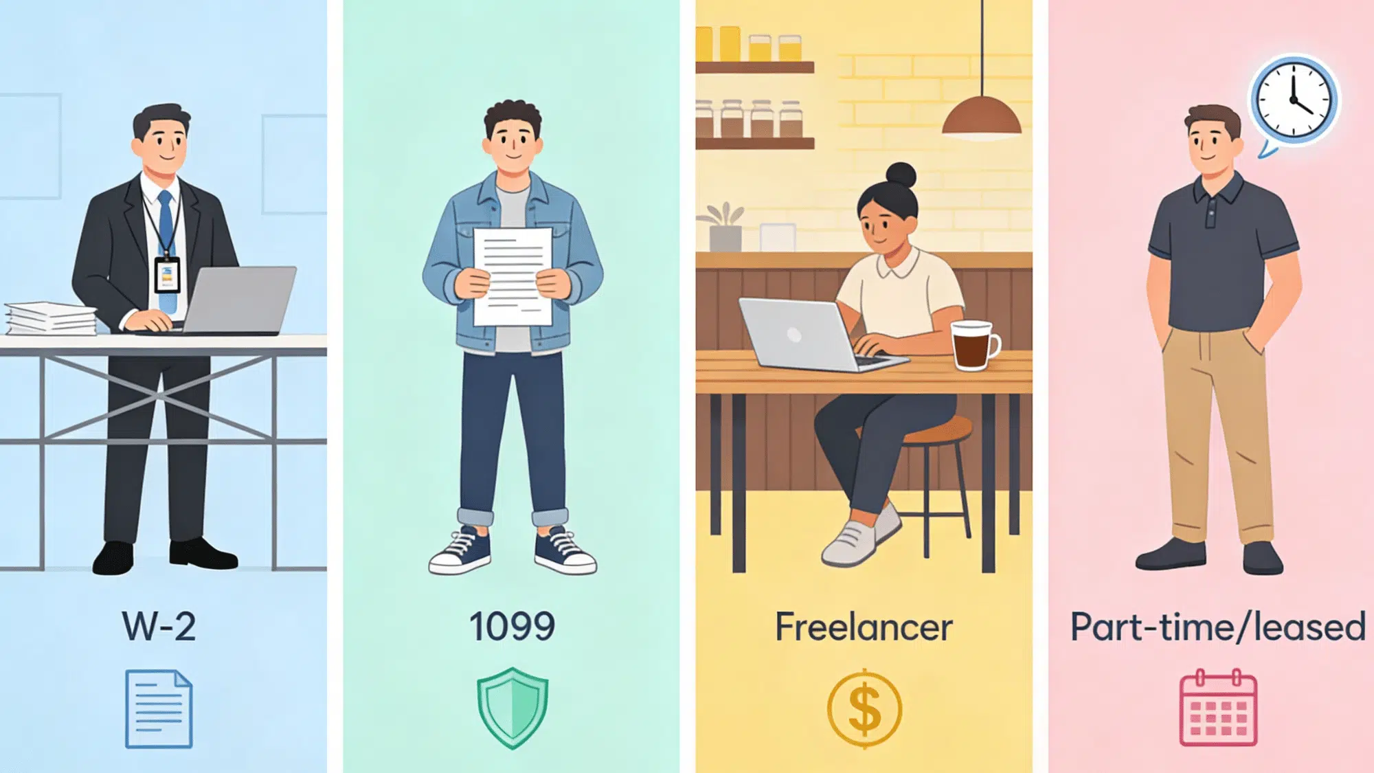 employee, contractor, freelancer, and hourly worker illustration showing different employment types and payment