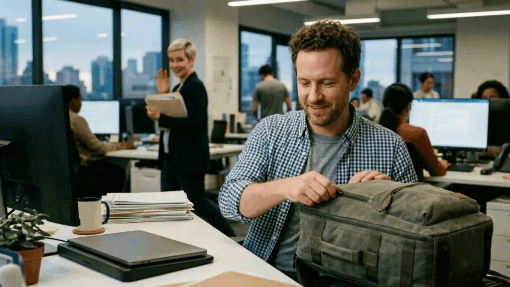 employee preparing to leave work for a sabbatical while coworkers continue daily office routines in the background. (1)