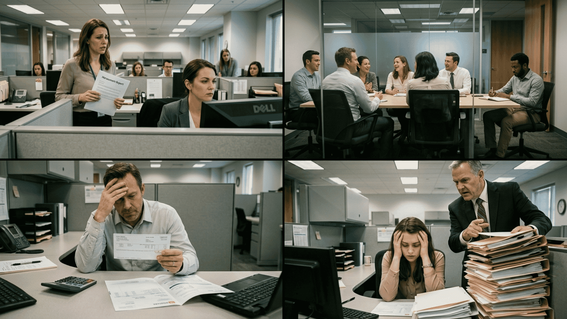 employees facing workplace harassment discrimination retaliation and financial stress in office setting