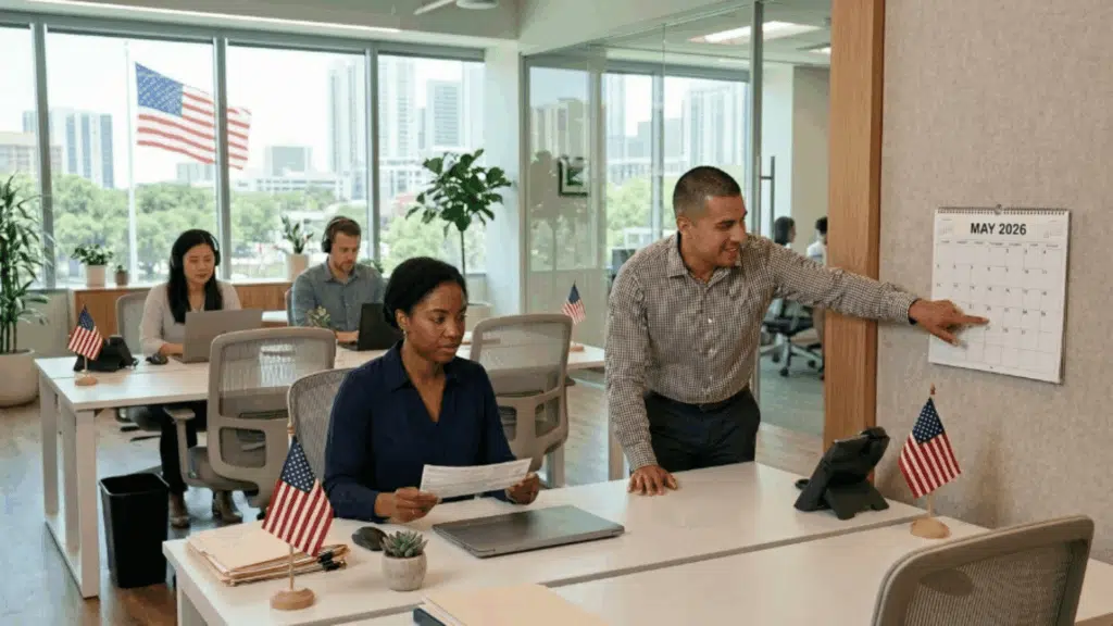 employees review a payslip while a manager points to a May calendar on Memorial Day in a modern office setting.