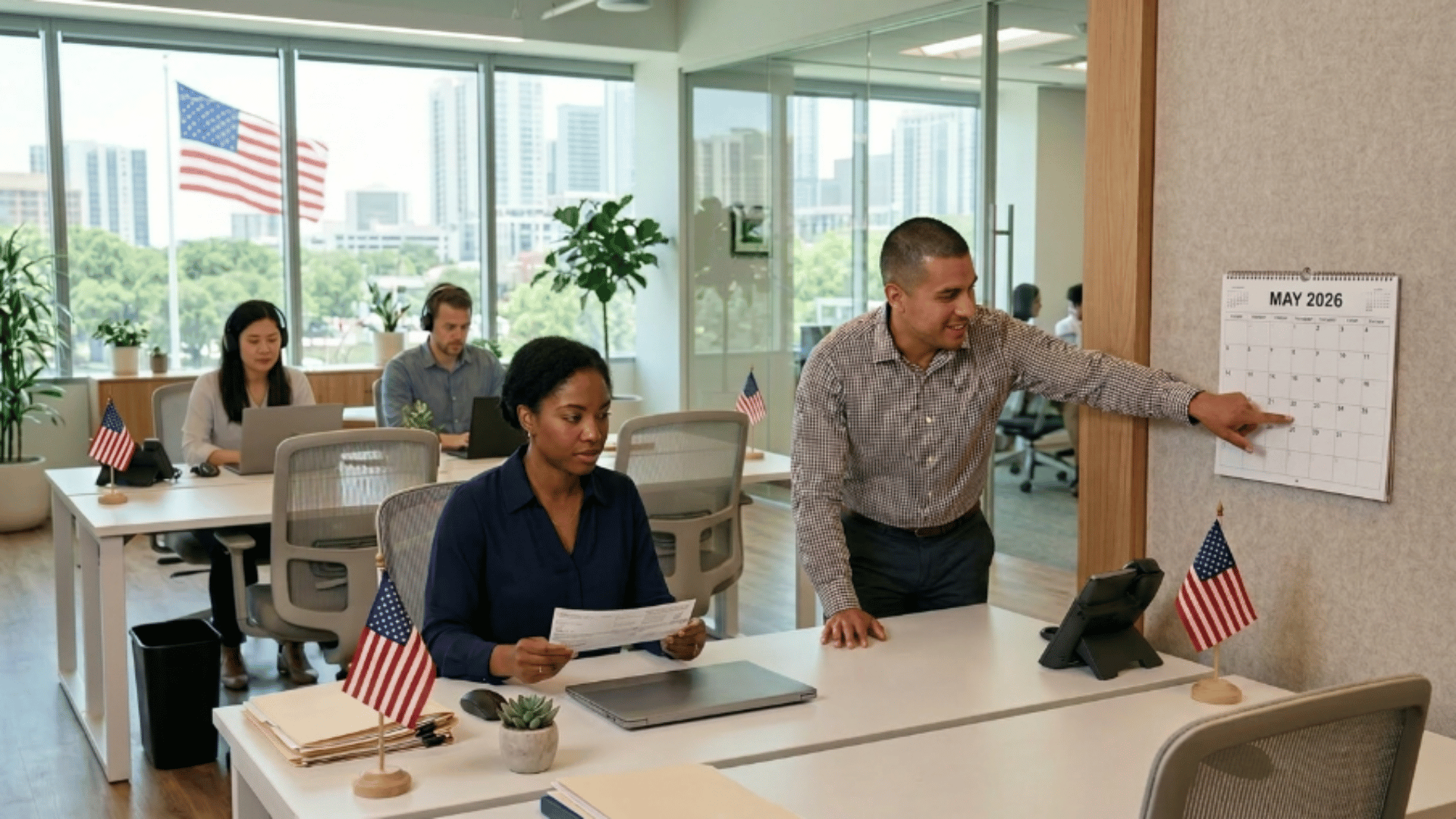 employees review a payslip while a manager points to a May calendar on Memorial Day in a modern office setting.