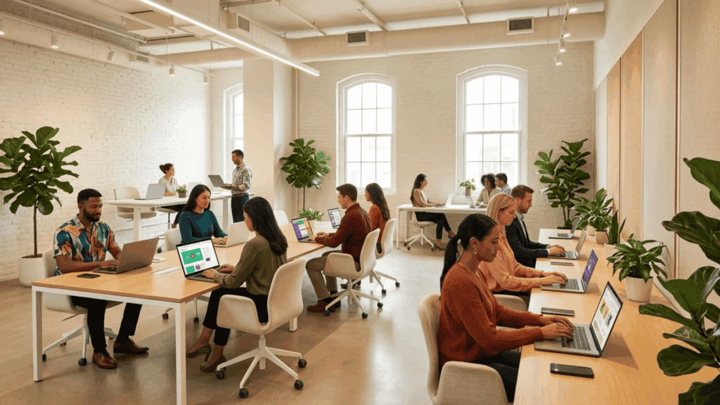 Employees working in a modern corporate office with laptops and shared desks.