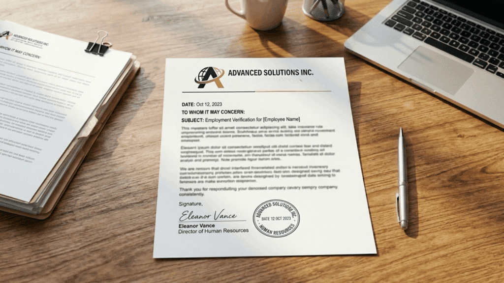 employment verification letter displayed on a wooden desk beside a laptop, pen, and office paperwork in a workspace