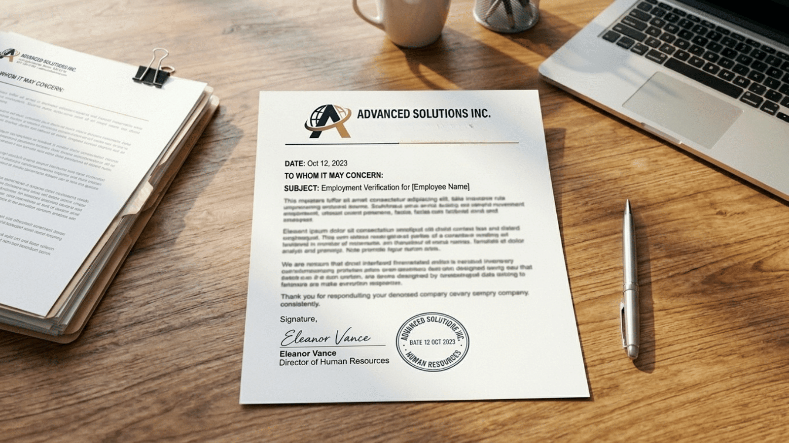 employment verification letter displayed on a wooden desk beside a laptop, pen, and office paperwork in a workspace