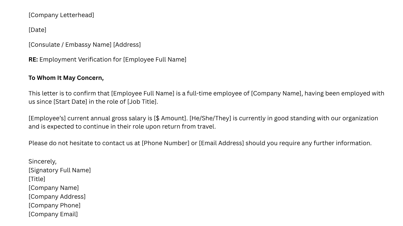 employment verification letter template for embassy or consulate use, including salary, role, and company details