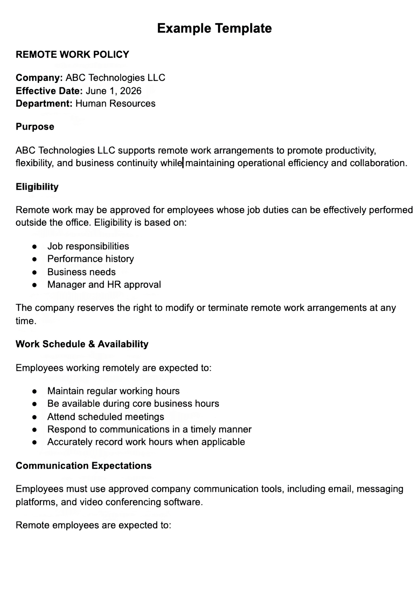 Example remote work policy template showing company details, eligibility, schedules, and communication rules section