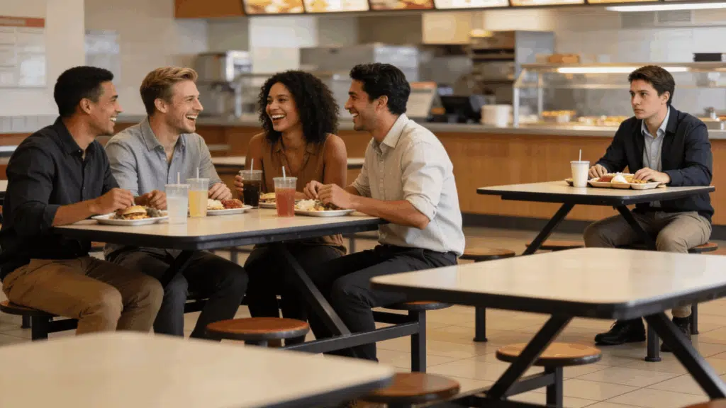 friends laughing together in cafeteria while one man sits alone feeling isolated and left out socially