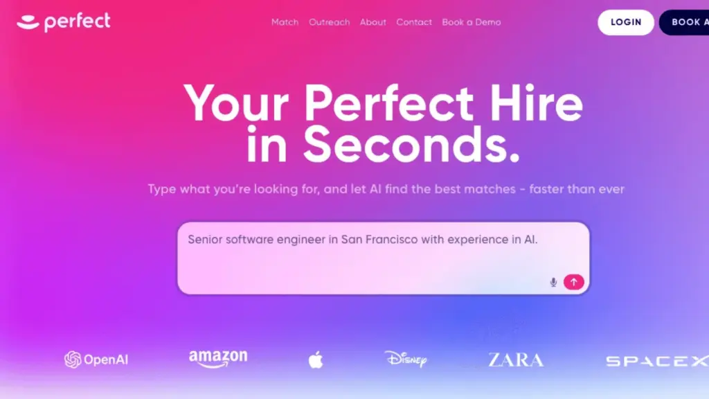 GoPerfect homepage banner with colorful gradient background, hiring search interface, navigation menu, and “Your Perfect Hire in Seconds” headline.