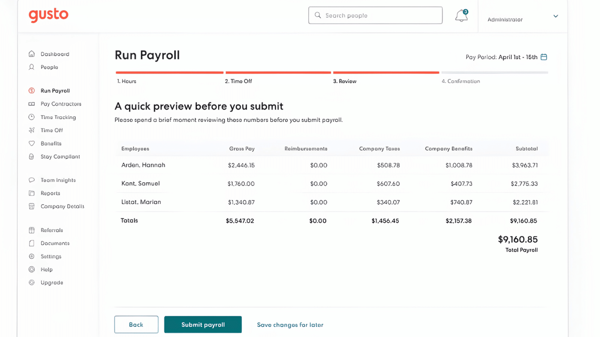 gusto software dashboard for small business use