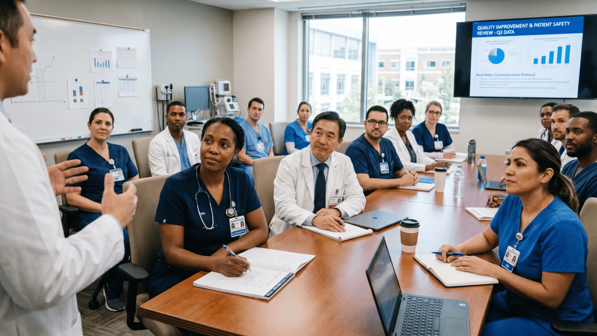 healthcare professionals attentively listening during a hospital meeting