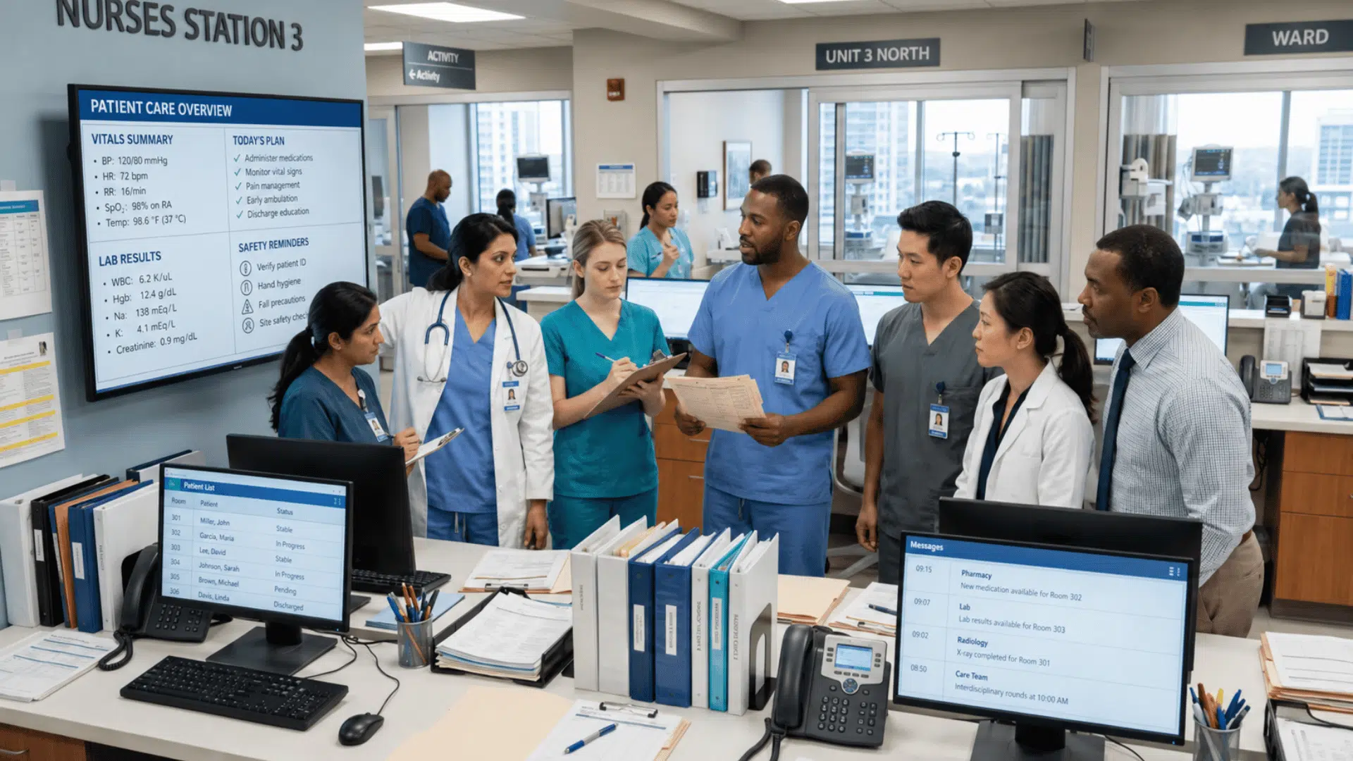 Healthcare professionals collaborate at a busy nurses’ station while reviewing patient care updates and treatment plans