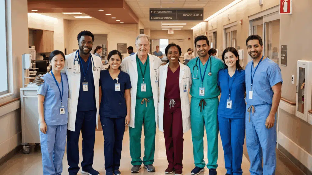 healthcare professionals standing in a queue showing leadership