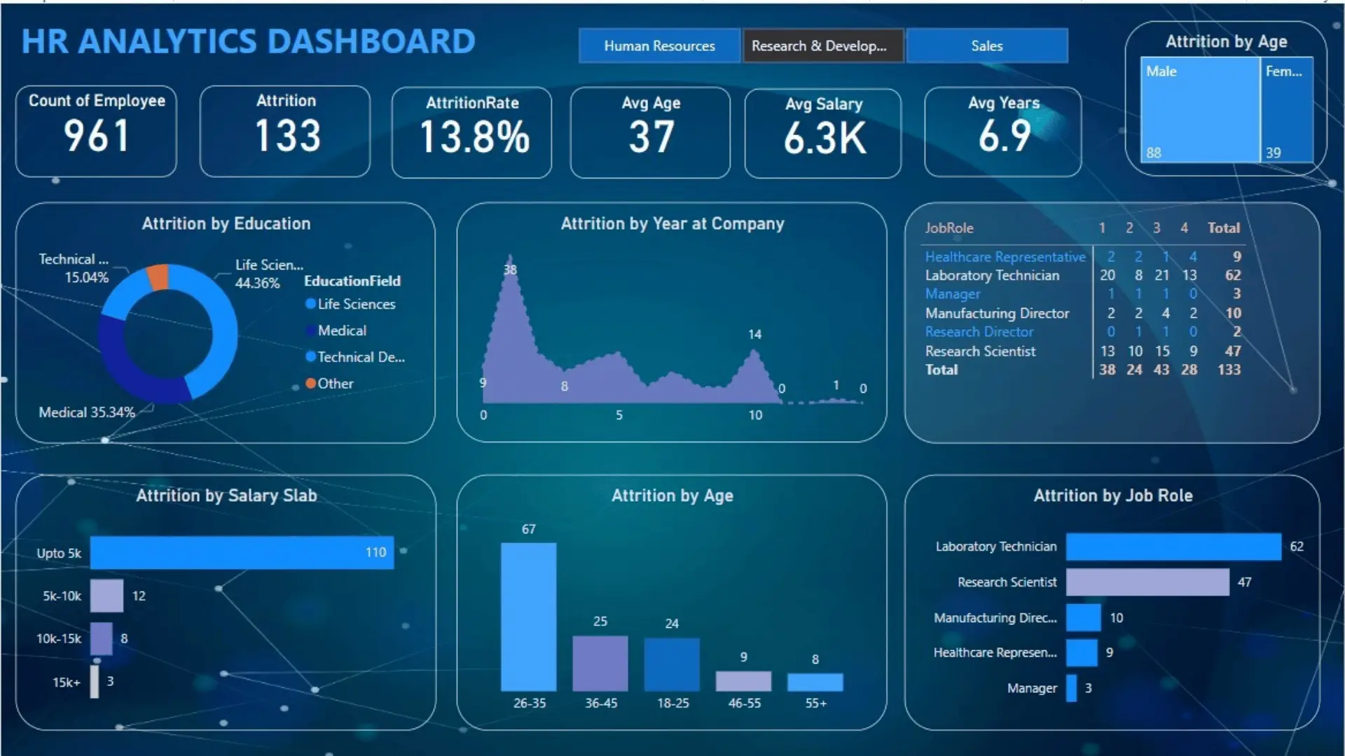 HR analytics dashboard showing employee count, attrition rate, salary data, and workforce metrics broken down by age, education, and job role.