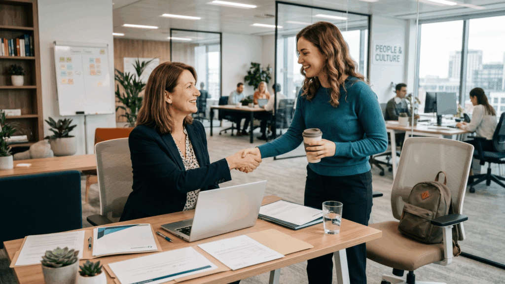 hr manager welcoming an employee back to work after leave