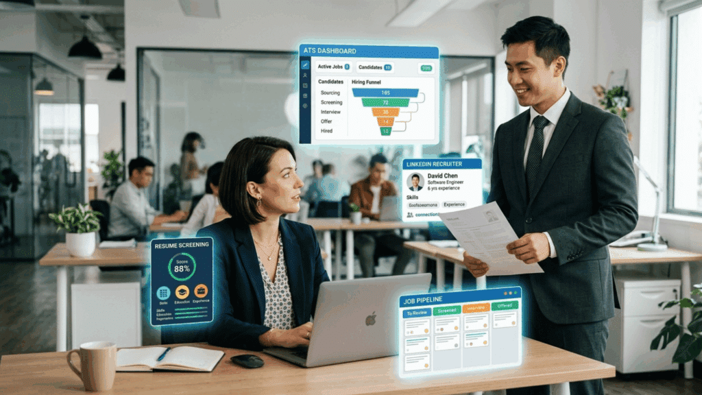 hr team using talent acquisition software for resume screening, applicant tracking, and recruitment workflow management