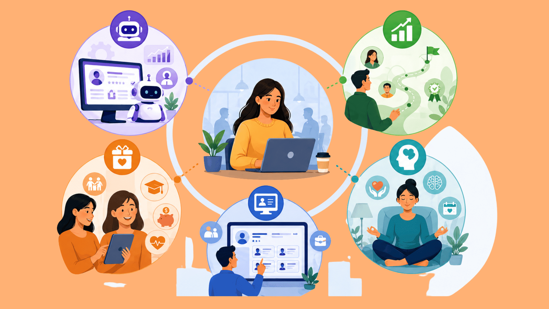 Illustrated infographic showing employee experience trends with icons for AI tools, career growth, benefits, and wellbeing around a worker