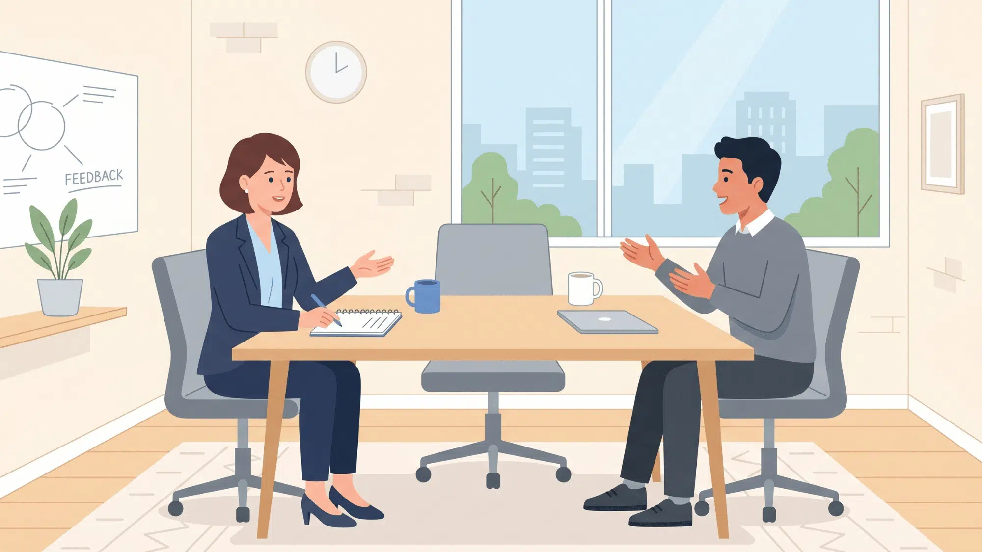 illustration of an employee talking to HR in an office meeting room
