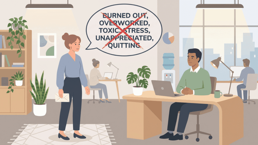 illustration of employee resigning with speech bubble crossed out showing negative words, manager listening calmly