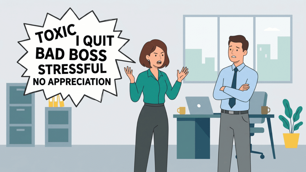illustration of employee speaking with speech bubbles showing negative words