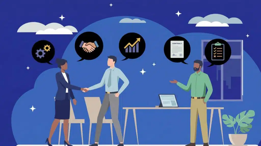 Illustration of employees during onboarding with icons representing tools, handshake, growth, contract, and checklist in a modern office setting.
