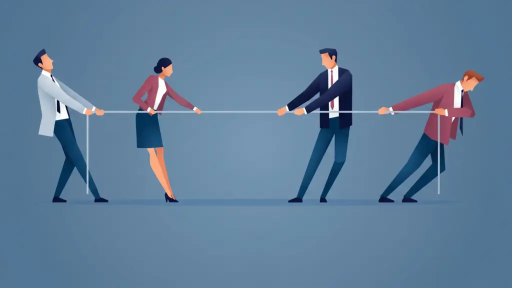 Illustration of employees pulling a rope during a workplace conflict, showing tension, disagreement, and team disputes at work.