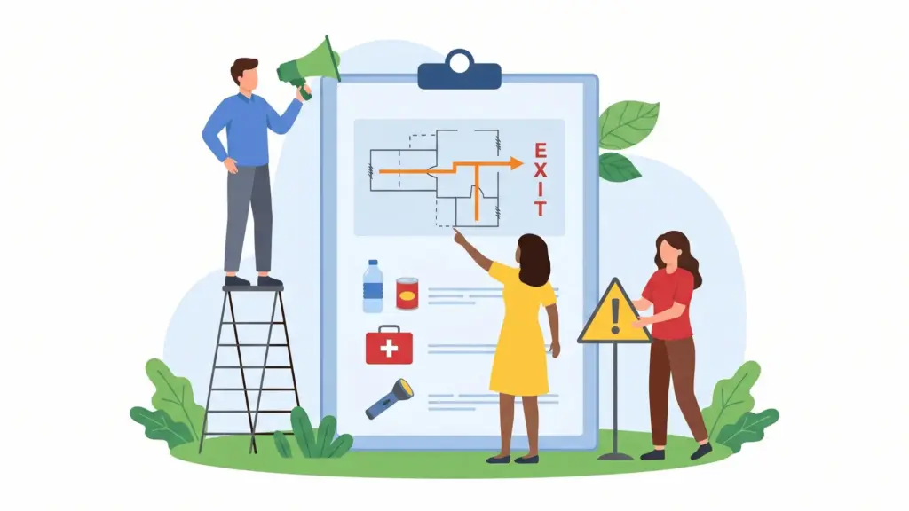 Illustration of employees reviewing an emergency evacuation plan board with safety signs and emergency response information.