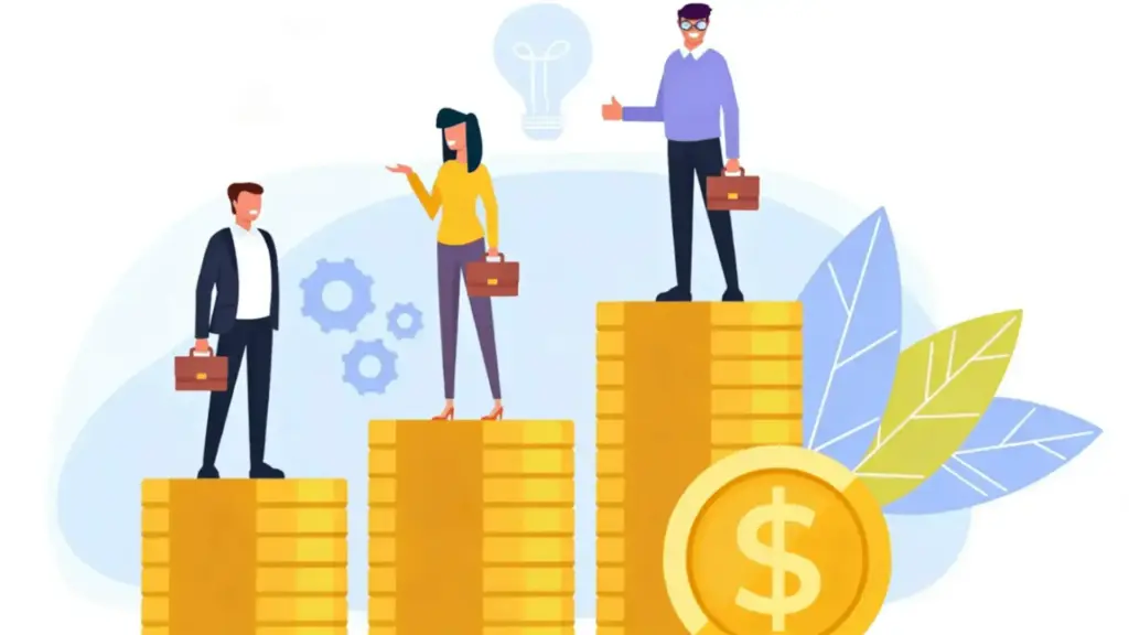 Illustration of professionals standing on coin stacks of different heights, representing salary comparison, pay gaps, compensation analysis, and workplace pay equity evaluation. (2) (1)
