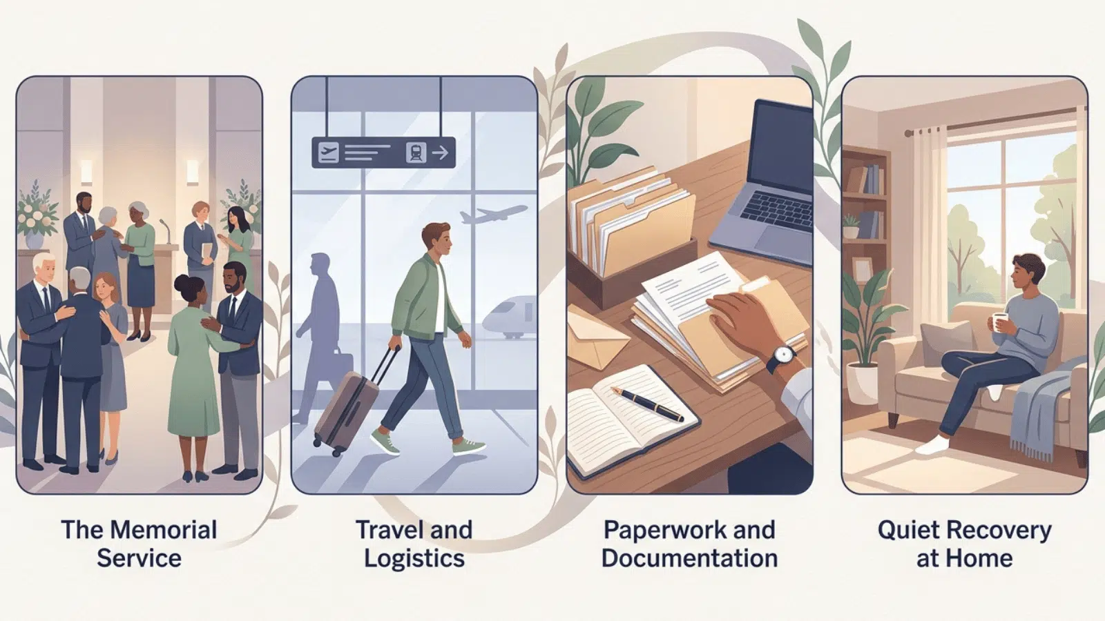 illustration showing bereavement journey steps memorial service, travel logistics, paperwork tasks, and quiet recovery at home