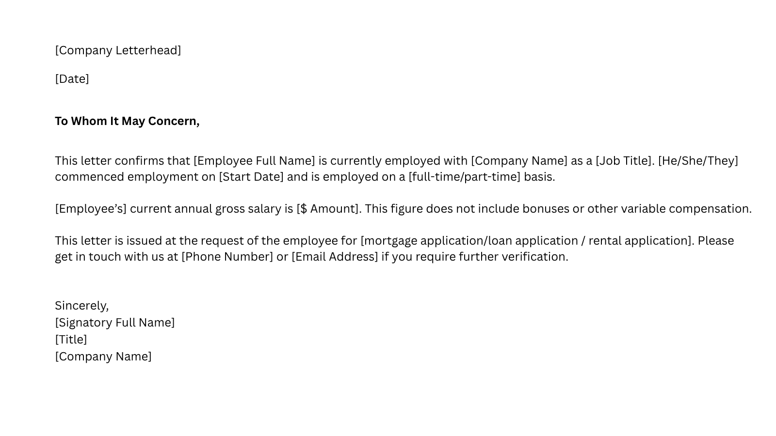 income verification letter template for mortgage, rental, or loan applications with employment and salary information