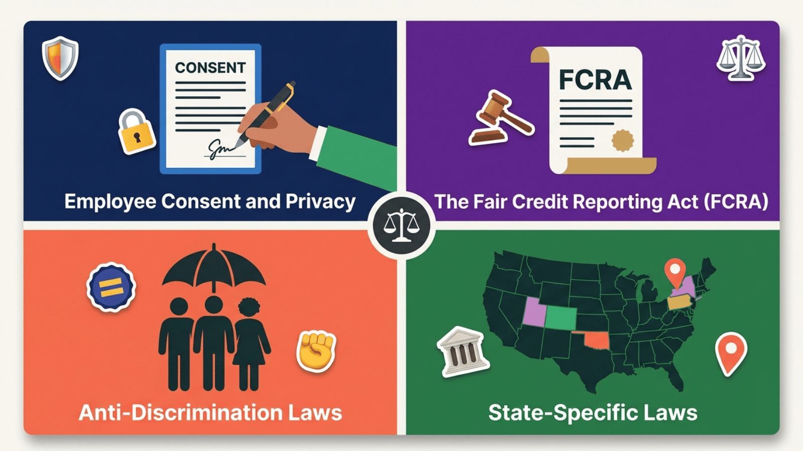 infographic outlining employment screening legal considerations, including consent, FCRA compliance, anti-discrimination, and state laws