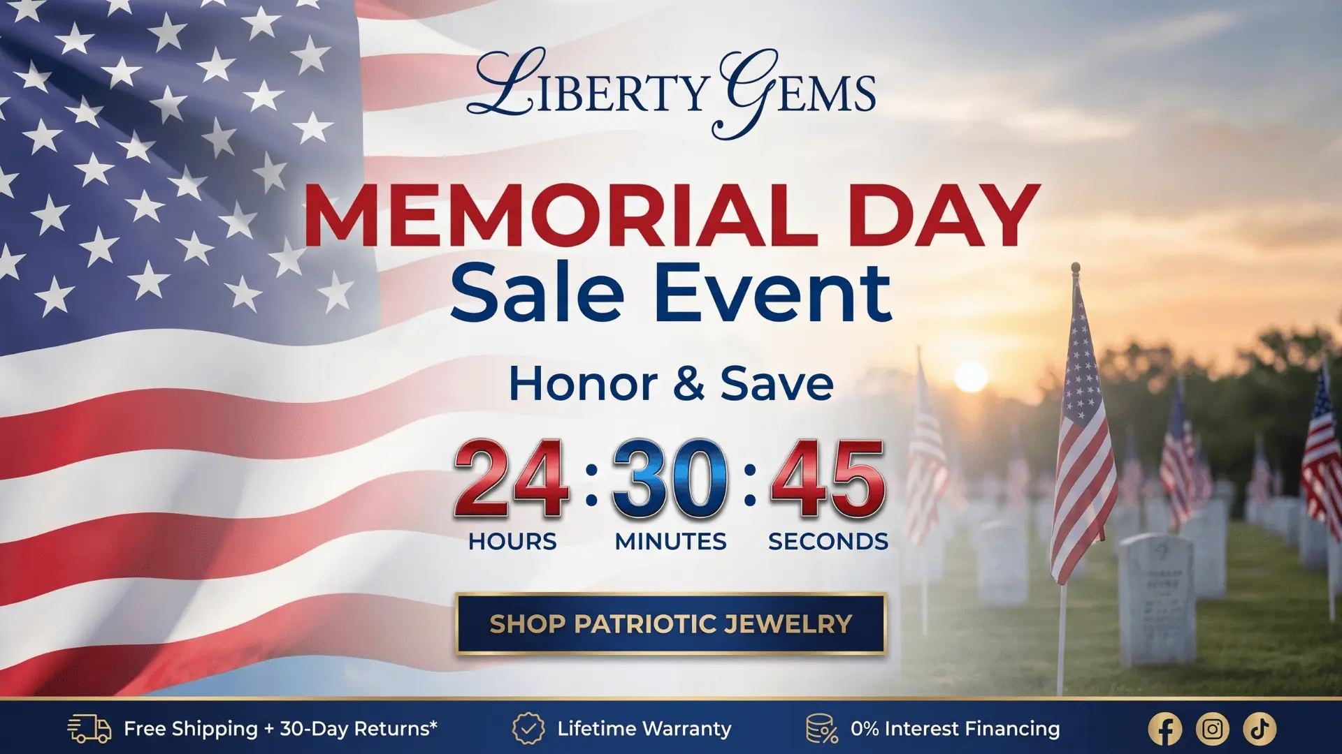 Liberty Gems Memorial Day Sale with countdown timer. Text Honor & Save. Includes free shipping, lifetime warranty, and 0% financing. (1)