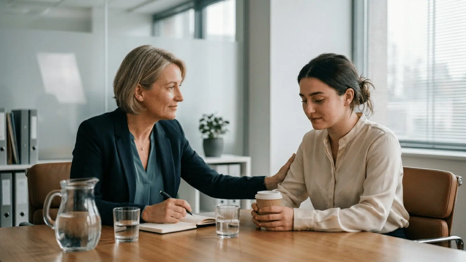 manager gently comforts upset employee at office table during a private conversation, offering support as she holds a coffee cup.