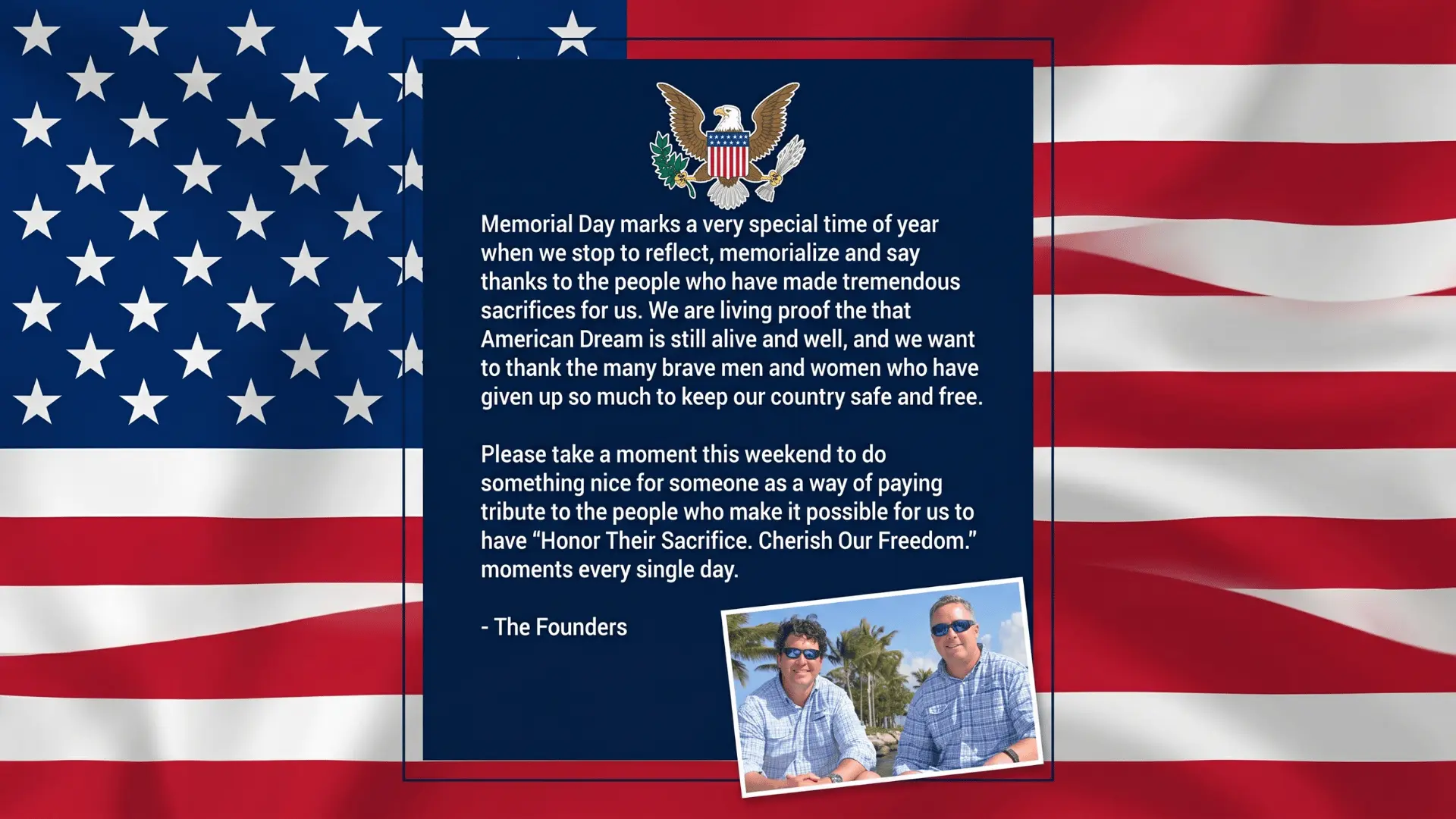 Memorial Day message from The Founders with a photo and American flag background, honoring sacrifices and cherishing freedom.