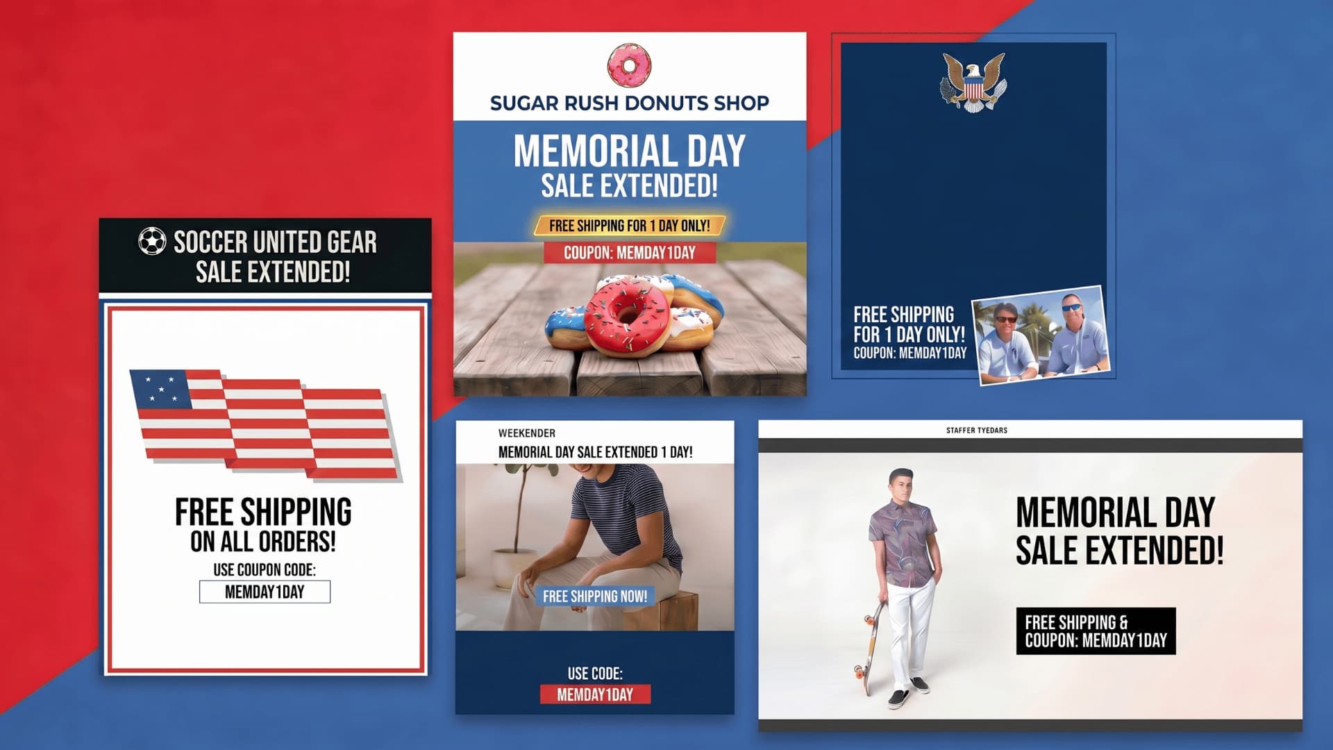 Memorial Day Sale Extended Free shipping and coupon code MEMDAY1DAY. Includes images of donuts, clothing, and American flag.