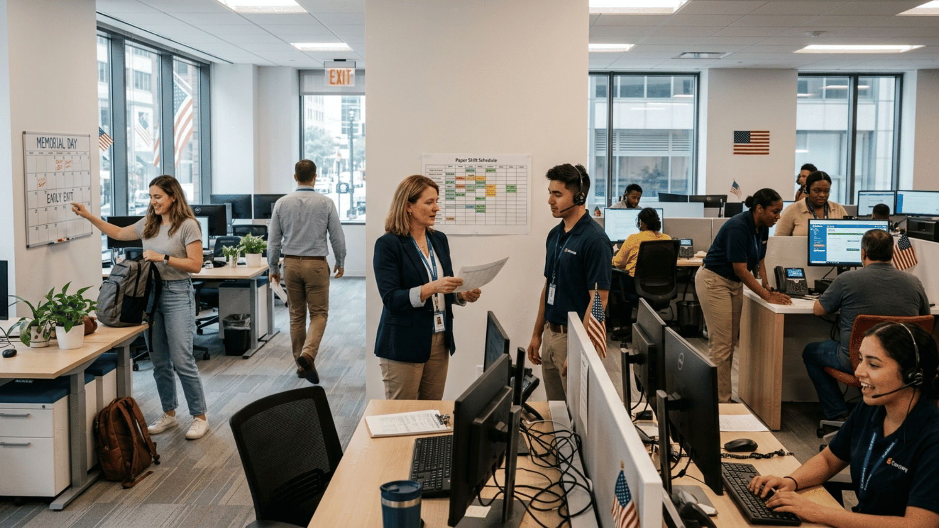 mixed office and support teams work on Memorial Day, showing different roles, schedules, and expectations across departments.