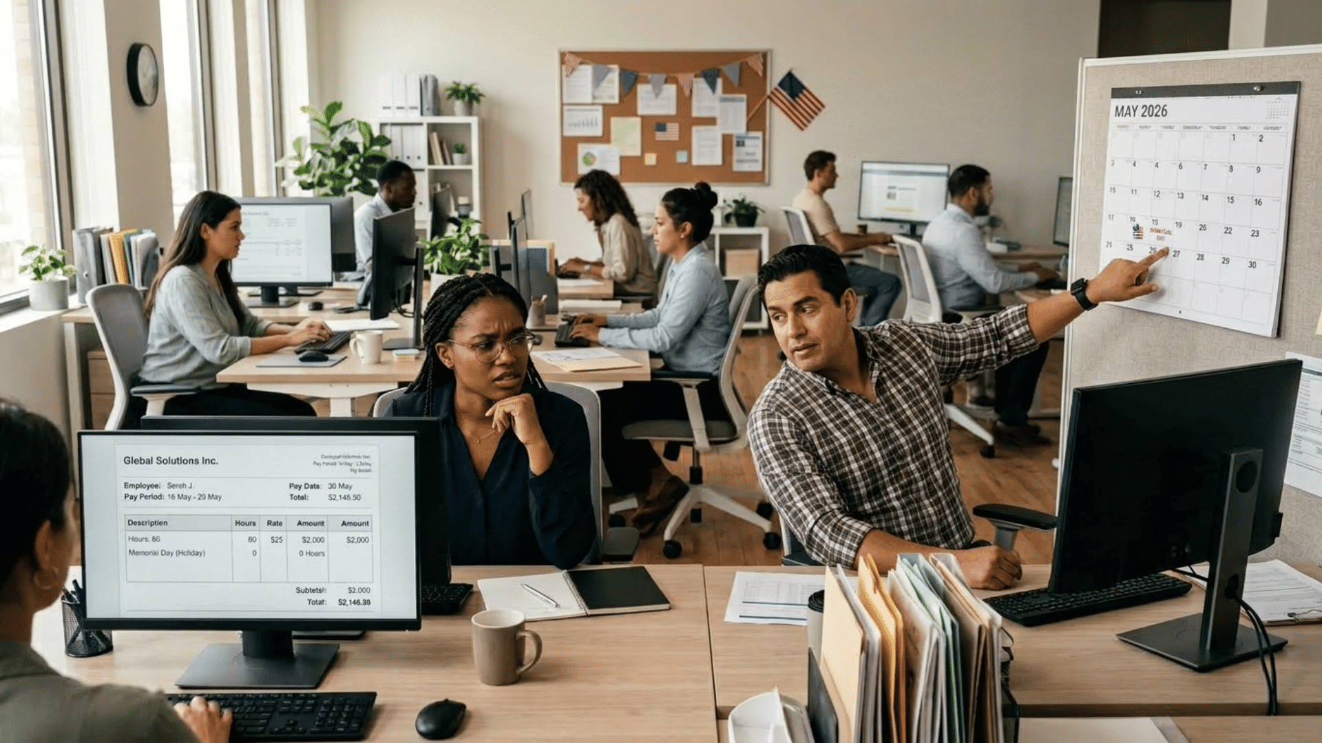 office employees discuss pay while one points at a May calendar marked Memorial Day, highlighting confusion about holiday wages.
