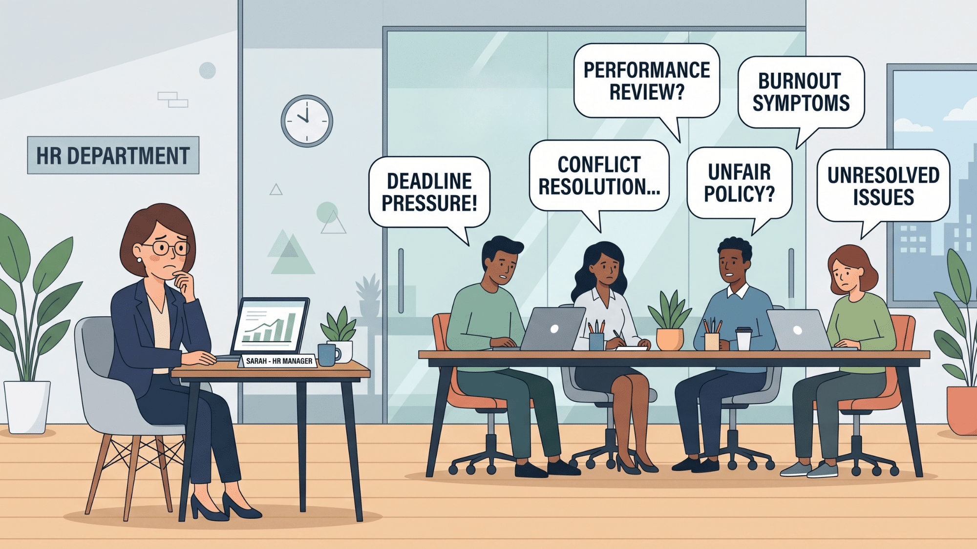 office illustration with speech bubbles containing workplace words and an HR manager looking concerned