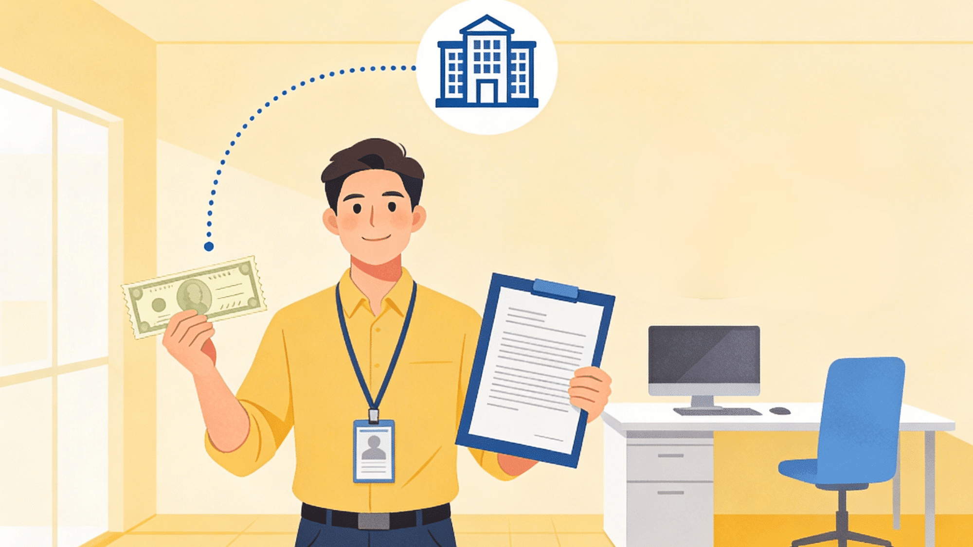 office worker holding paycheck and employment documents with payroll, hr, and salary management concept