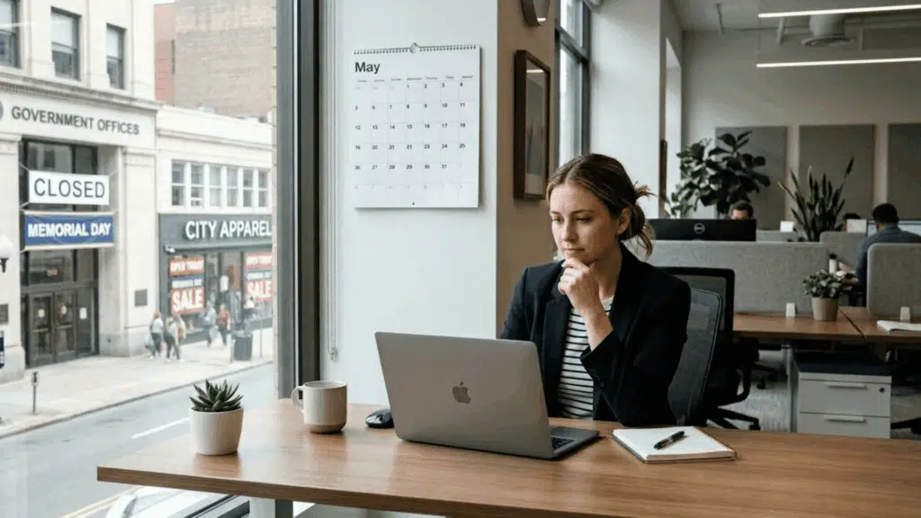 office worker looking at laptop near window with calendar showing May and Memorial Day while nearby store displays closed sign (1)