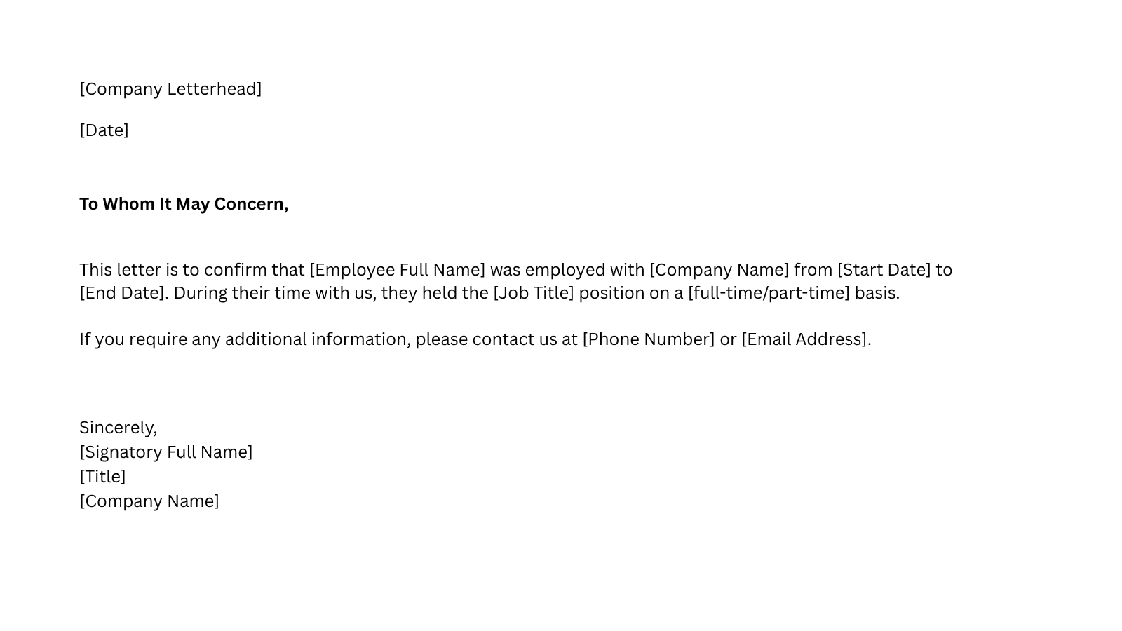 past employment verification letter template confirming job title, employment dates, and work status details