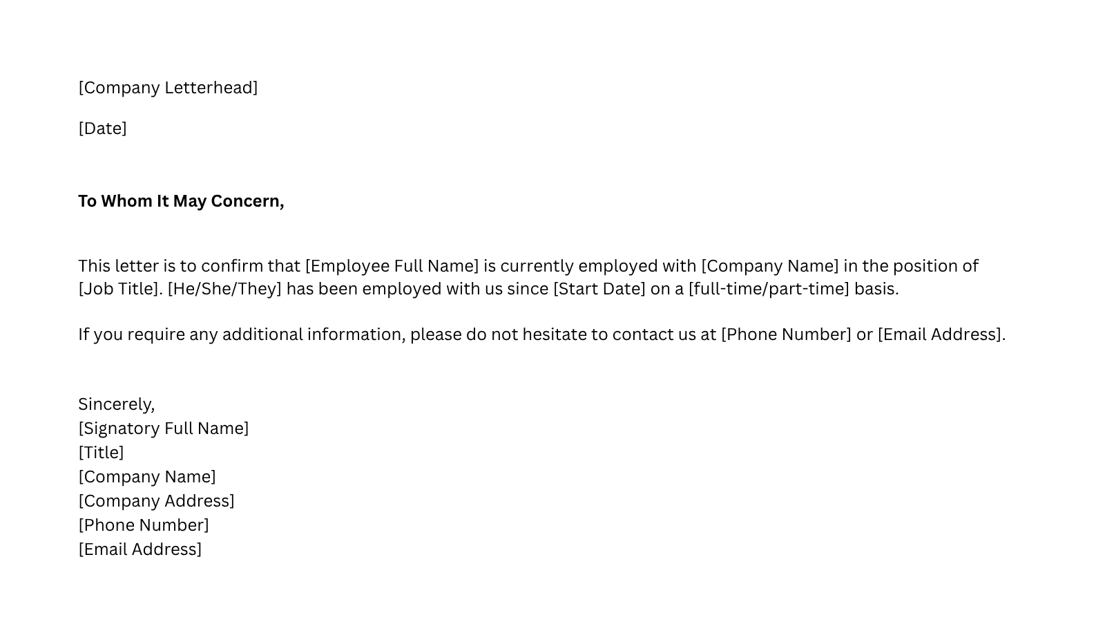 past employment verification letter template confirming job title, employment dates, and work status details copy