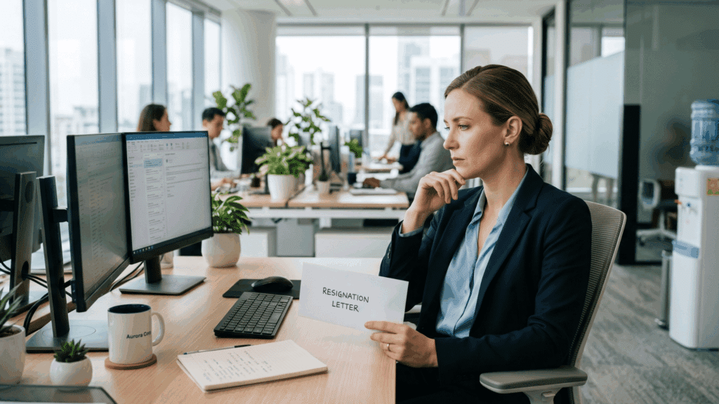 professional employee looking thoughtful while holding resignation letter in modern office