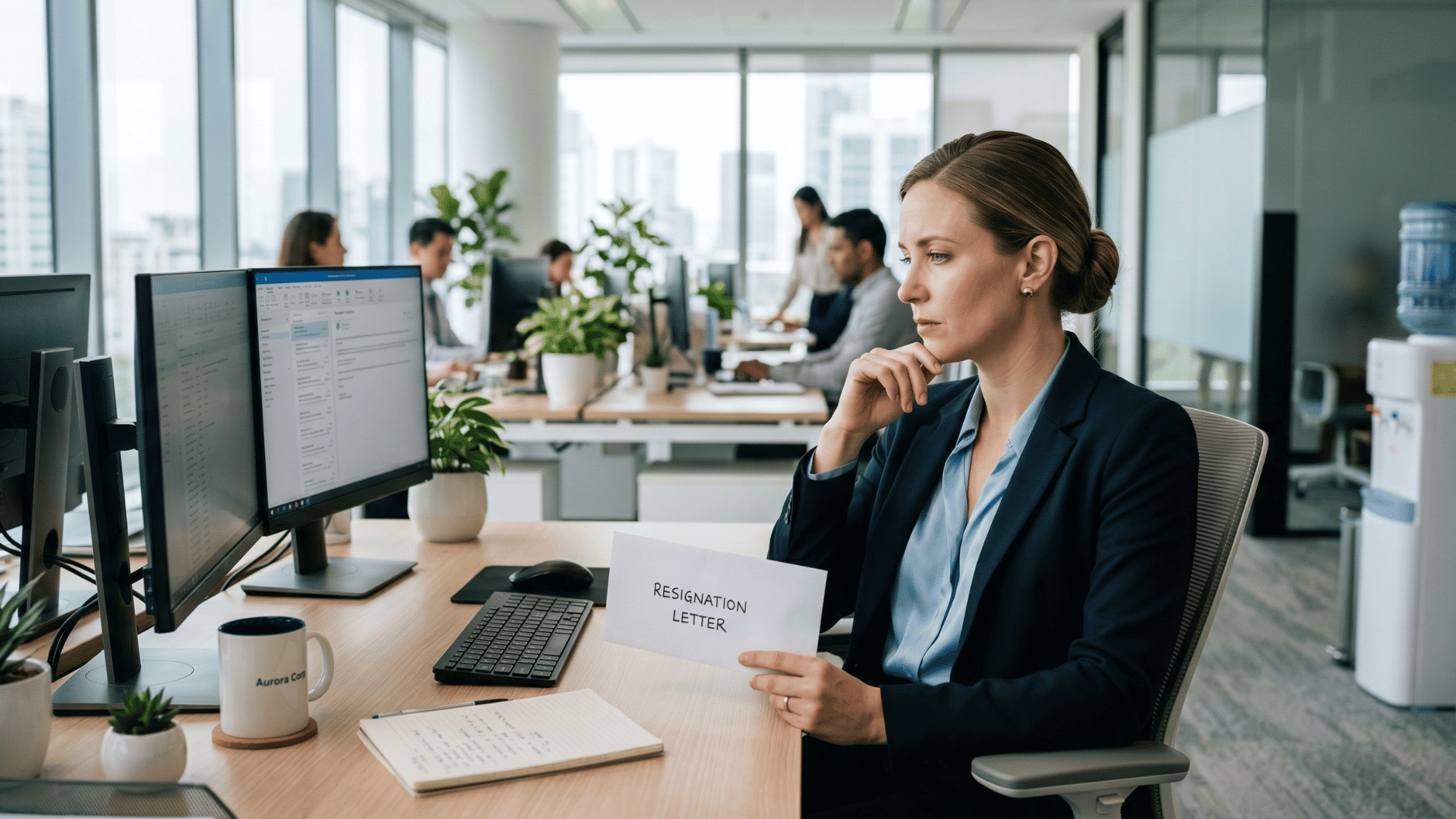 professional employee looking thoughtful while holding resignation letter in modern office